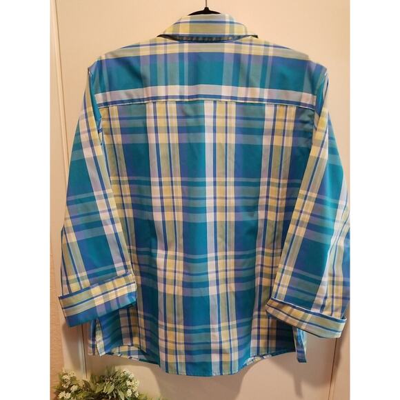 Foxcroft Shirt Womens 16 Shaped Blue Green Plaid White Buttons Long Sleeve - Picture 2 of 7